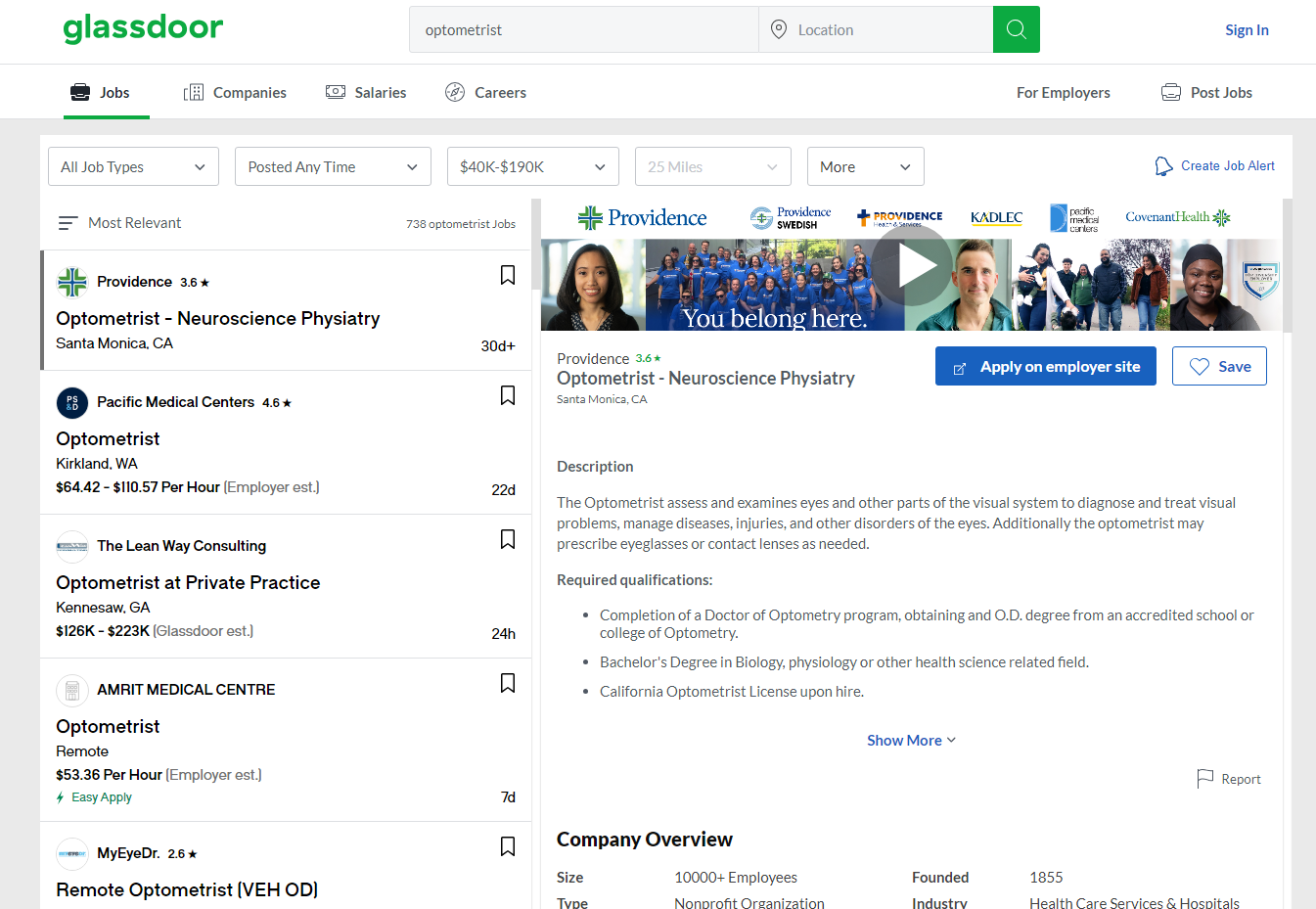 Glassdoor website filtered optometry job listings