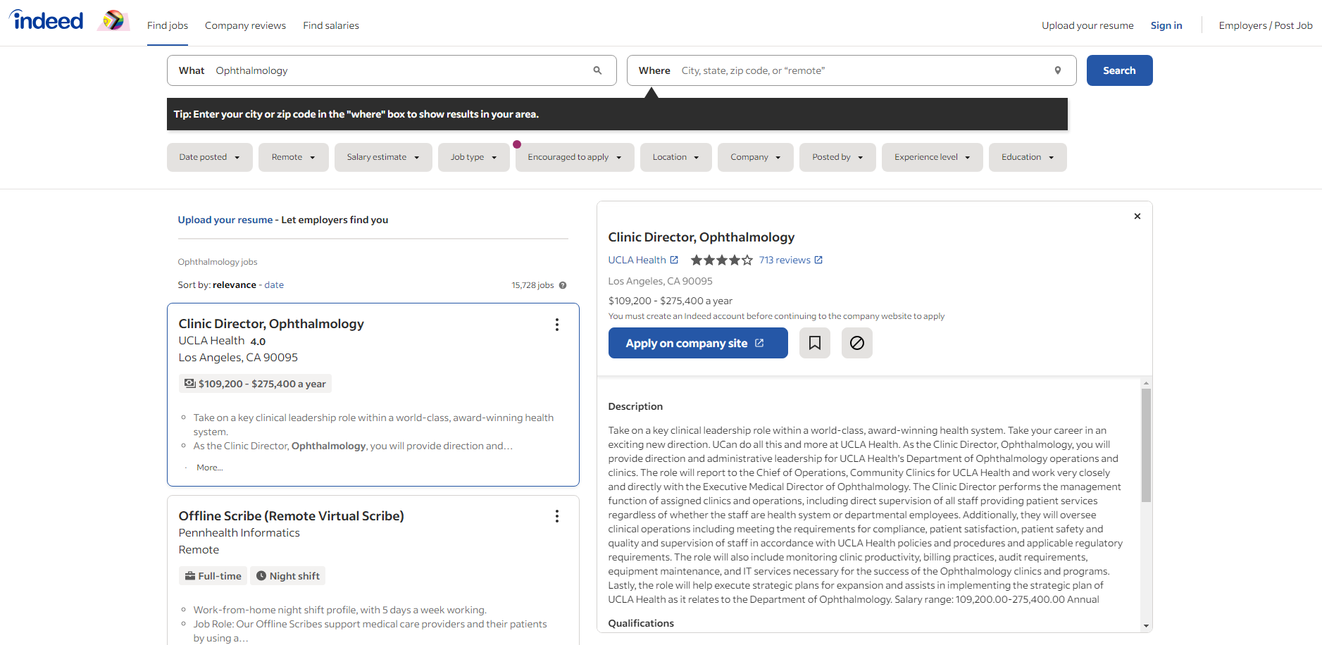 Indeed website filtered to Opthalmology jobs