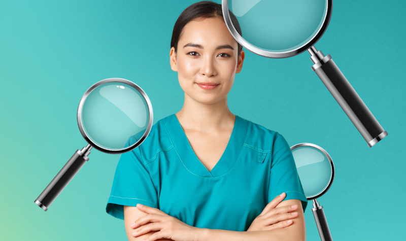 Key Considerations When Searching for Your First Ophthalmology Job Woman wearing scrubs with magnifying glass